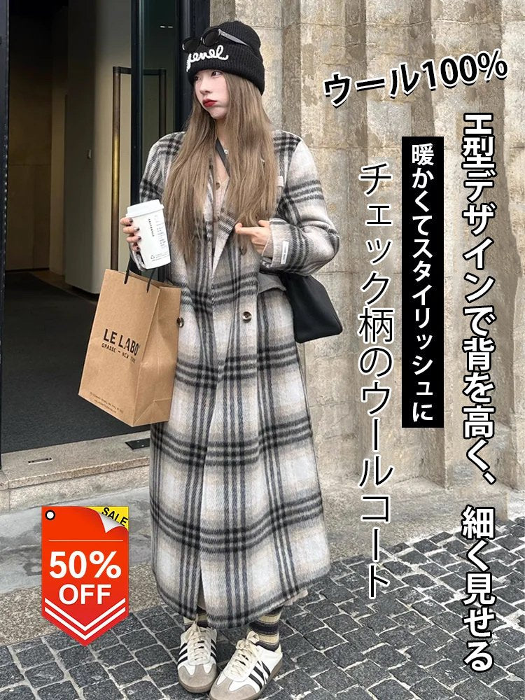 高級チェック柄のレディースウールコート