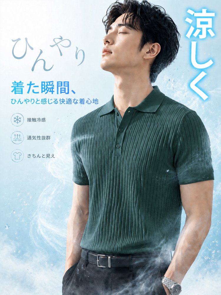 メンズ折り襟付き・アイスシルクスリムPOLOシャツ