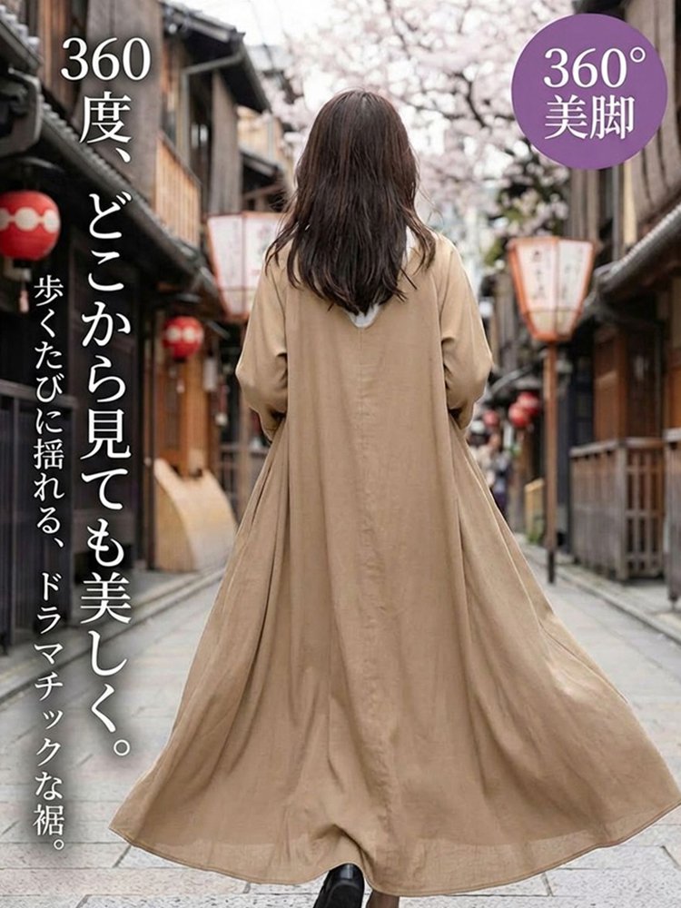 無地Vネックマキシ丈ワンピース
