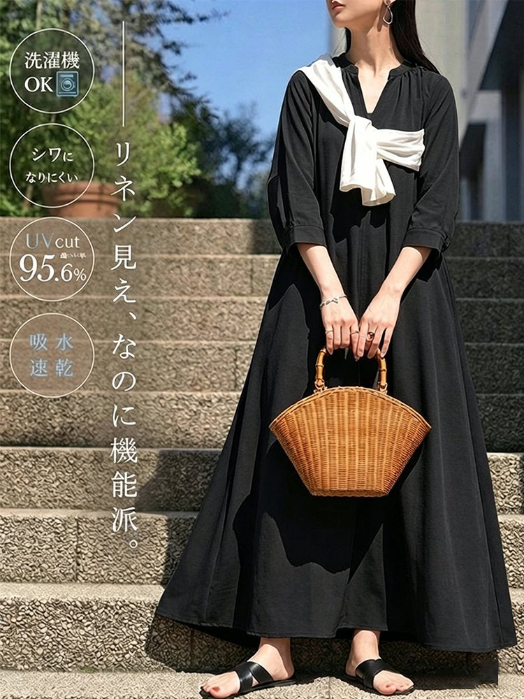 無地Vネックマキシ丈ワンピース