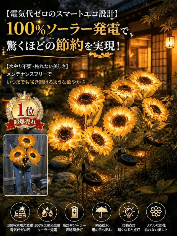 ソーラーひまわりライトは、太陽光があれば素早く充電でき、年間電気代ゼロ！