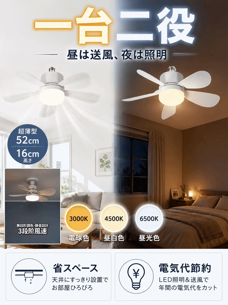 家庭用小型静音ファンライト